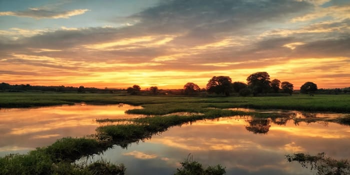 Wooden houses by a lowland river at sunset: Rustic charm tranquil waters reflect the golden sky. Nature's beauty at its finest. Generative AI.