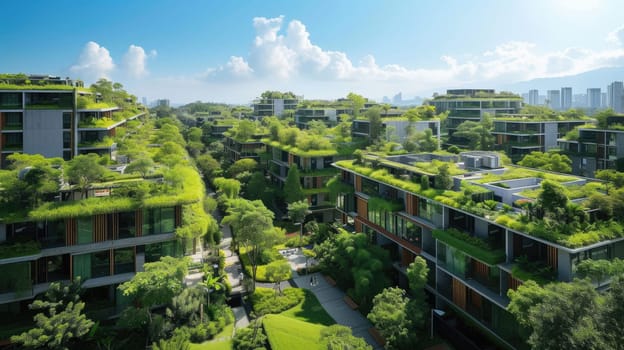 An urban design featuring buildings with rooftop gardens, showcasing a green cityscape. The skyline blends with the natural landscape, as clouds drift across the sky above AIG41