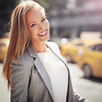 Smile, city and portrait of entrepreneur, urban or professional for corporate employee. Confidence, hair and commute or travel to workplace in New York, business consultant or businesswoman career.