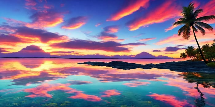 Sunset paints the sky in hues of pink and blue over a tranquil sea, palm trees lining the shore on Paradise fantasy planet.