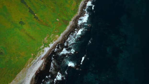 Aerial view of the emerald green field and blue sea of Japan. Clip. Summer seascape with blue cloudy sky