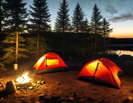 Campsite Coziness. Set up a cozy camping scene with a tent pitched under the starry night sky, illuminated by a warm campfire. Panorama