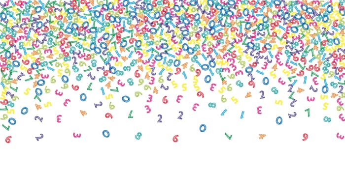 Falling colorful sketch numbers. Math study concept with flying digits. Pretty back to school mathematics banner on white background. Falling numbers illustration.