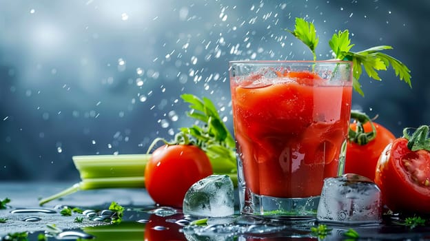 Glass with tomato juice, ice cubes, tomatoes and celery with splashes of water in the background. AI generated.