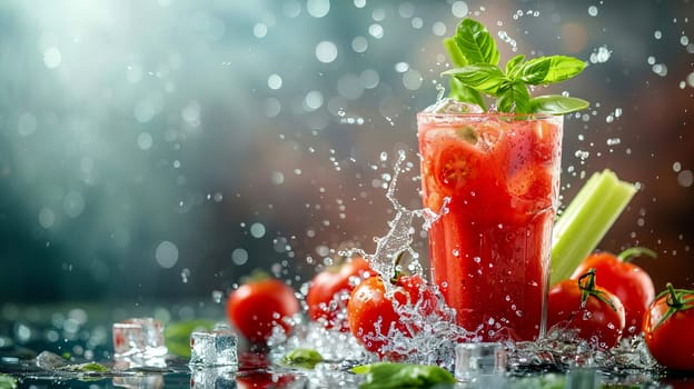 Glass with tomato juice, ice cubes, tomatoes and celery with splashes of water in the background. AI generated.