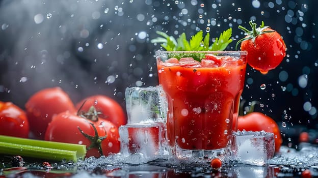 Glass with tomato juice, ice cubes, tomatoes and celery with splashes of water in the background. AI generated.