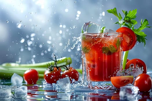 Glass with tomato juice, ice cubes, tomatoes and celery with splashes of water in the background. AI generated.