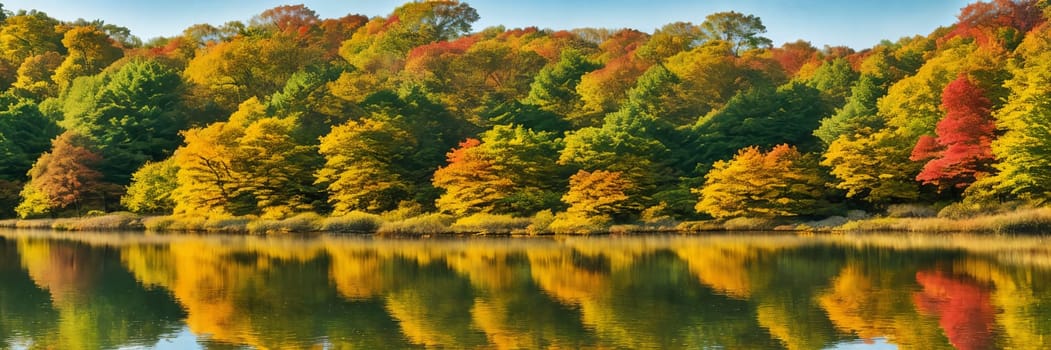 Colorful palette of autumn by focusing on a tranquil lake reflecting the vibrant foliage of surrounding trees on a sunny day