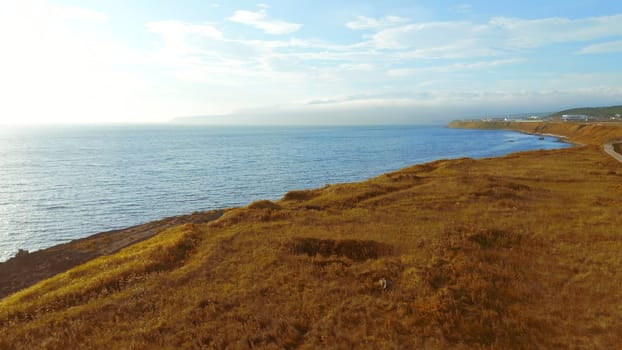 Beautiful coast with road and sea horizon on sunny day. Clip. Top view of seascape of coast on sunny summer day. Road to coast with view of sunny sea horizon.