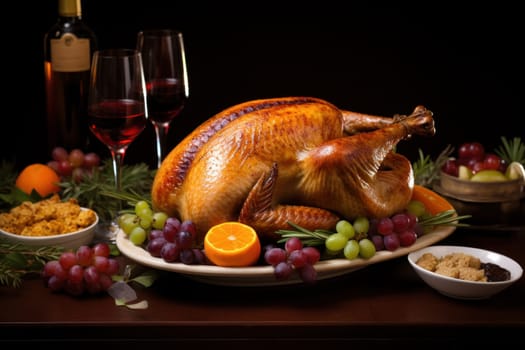 roasted turkey with vegetables and herbs is a traditional dish for thanksgiving or Christmas day. AI generative.