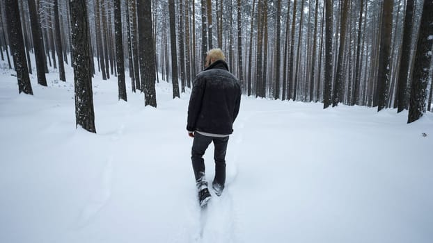 Rear view of stylish man walking in winter. Media. Stylish shooting of man walking in winter forest. Man walks with fashionable gait in winter forest.