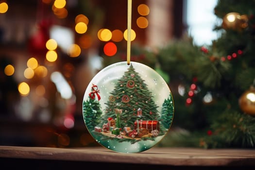 Empty Blank Round Christmas Ornament Mockup, Ceramic white circle family gift. AI generative.