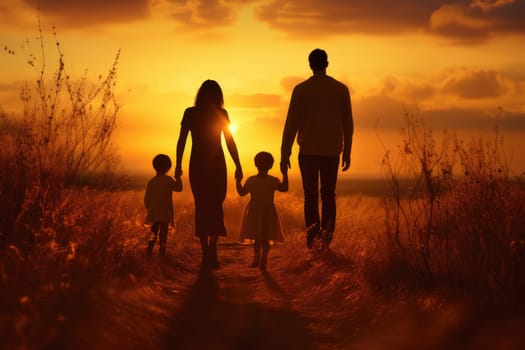 Happy family at sunset, Father, Mother and children. Generative AI.