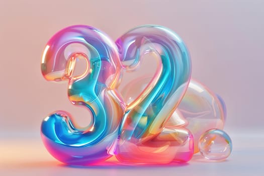 Colorful number thirty two. Holographic gradient. Symbol 32. Invitation for a thirty second birthday party or business anniversary. Neon light and colors. Iridescent color. Generative AI