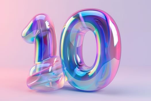 Colorful and playful number ten. Holographic gradient. Symbol 10. Invitation for a tenth birthday party or business anniversary. Iridescent color. Generative AI