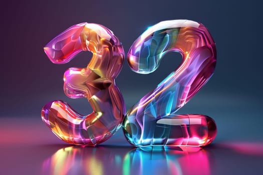 Colorful number thirty two. Holographic gradient. Symbol 32. Invitation for a thirty second birthday party or business anniversary. Neon light and colors. Iridescent color. Generative AI