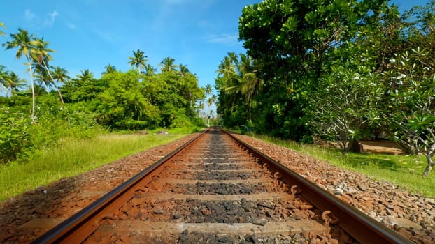 Walking along abandoned railway track. Action. Lush green tropical vegetation on a summer day