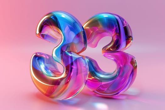 Colorful number thirty three. Holographic gradient. Symbol 33. Invitation for a thirty third birthday party or business anniversary. Neon light and colors. Iridescent color. Generative AI