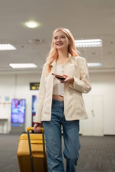 Airport travel and woman with passport, flight ticket or information of immigration, journey and luggage. identity document and international registration.