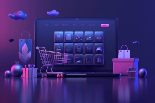 A laptop screen shows a shopping cart with a shopping cart icon on the screen. The shopping cart is surrounded by a variety of items, including a box, a bottle, and a vase. The scene is set in a store