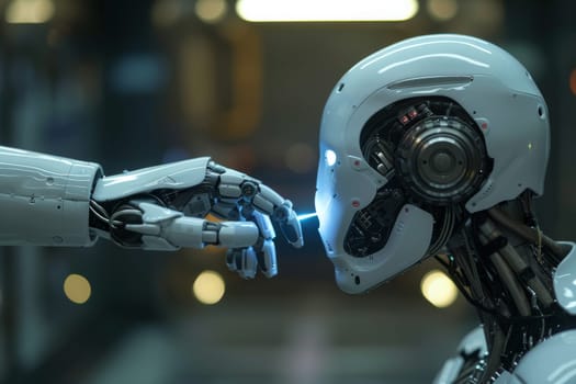 A robot is touching another robot's hand. The robot is white and has a blue light on its face. The scene is futuristic and gives off a sense of advanced technology