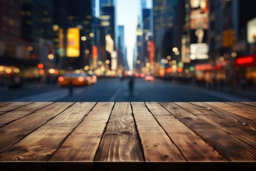 Wood table mockup with New York city street. Copy space for product. Generative AI.