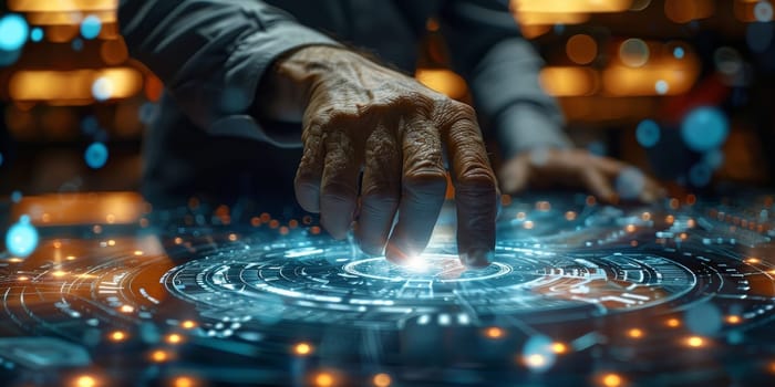 A person is touching a glowing circle on a computer screen. Concept of wonder and curiosity, as the person is exploring the digital world. The glowing circle could represent a new idea, a new concept