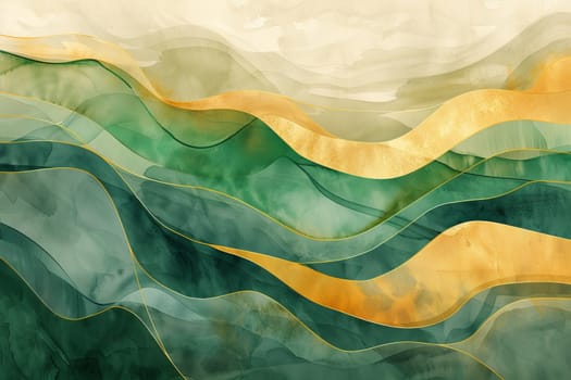 A painting of a body of water with waves and gold. The painting has a serene and calming mood, with the waves and gold adding a touch of luxury and elegance. The blue and green colors of the water