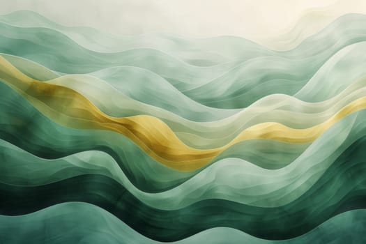 A painting of a body of water with waves and gold. The painting has a serene and calming mood, with the waves and gold adding a touch of luxury and elegance. The blue and green colors of the water