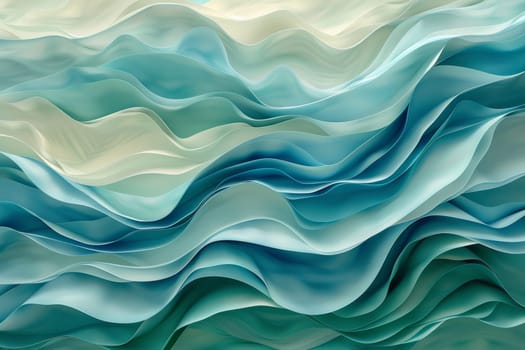 A painting of a body of water with waves and gold. The painting has a serene and calming mood, with the waves and gold adding a touch of luxury and elegance. The blue and green colors of the water