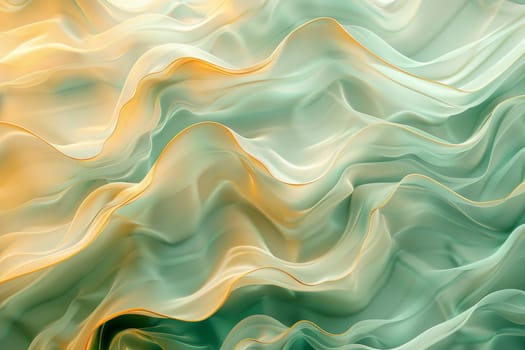 A painting of a body of water with waves and gold. The painting has a serene and calming mood, with the waves and gold adding a touch of luxury and elegance. The blue and green colors of the water
