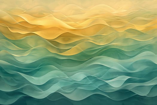 A painting of a body of water with waves and gold. The painting has a serene and calming mood, with the waves and gold adding a touch of luxury and elegance. The blue and green colors of the water