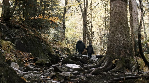 Young active woman and her son hiking, trekking in the woods. Creative. Autumn walk on stony path with tree roots