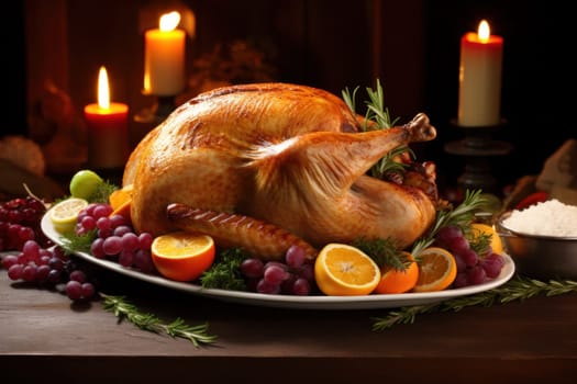 roasted turkey with vegetables and herbs is a traditional dish for thanksgiving or Christmas day. AI generative.