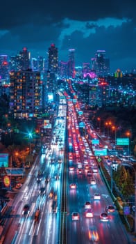 A city at night with a lot of traffic and a lot of lights. The lights are neon and the city is very busy