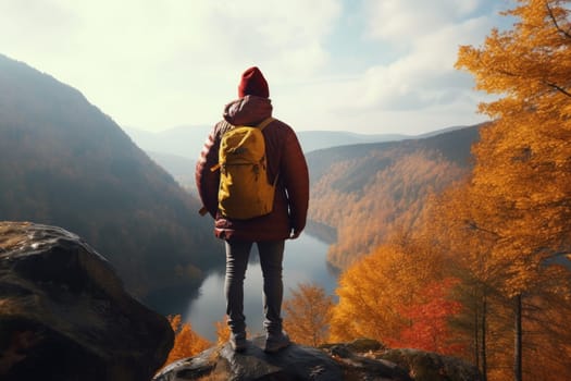 person hiking in the mountains in the morning. Generative AI.