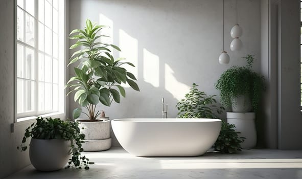Stylish interior of bathroom with green houseplants, light modern natural floral interior