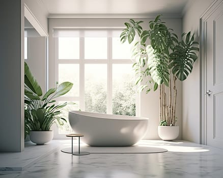 Stylish interior of bathroom with green houseplants, light modern natural floral interior