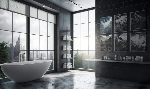 A modern dark grey colored bathroom with big window