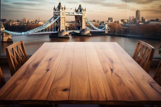 Wood table mockup with London . Copy space for product. Generative AI.