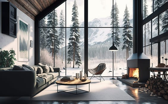 Fireplace with firewood. Cozy room interior. Modern fireplace and big window in a cozy house with mountain view in Alps