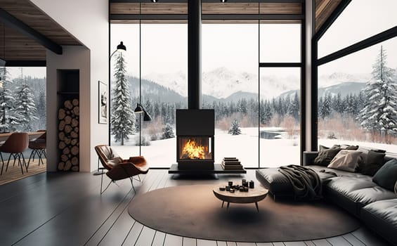 Fireplace with firewood. Cozy room interior. Modern fireplace and big window in a cozy house with mountain view in Alps