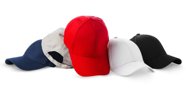 A collection of baseball caps in various colors neatly arranged next to a single baseball, all set against a clean white backdrop