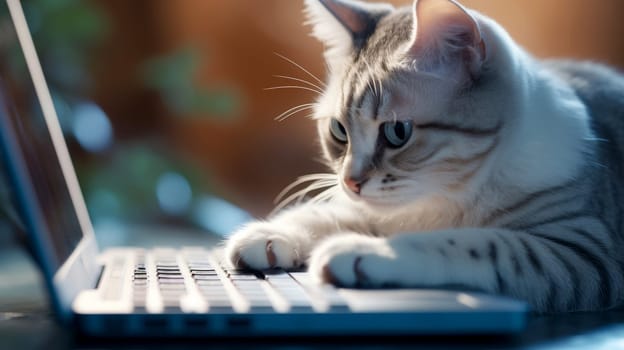 Cute cat in close up sitting with laptop. Online work and schooling. Generative AI.