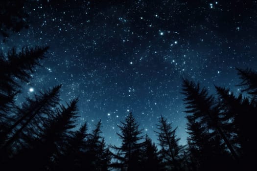 night sky in forest, view of star on night sky through tree brunches. AI Generative.