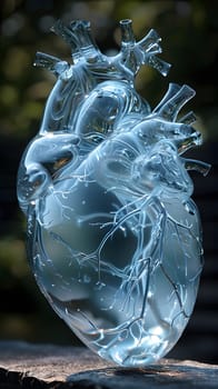 A glass sculpture of a human heart, made from transparent material, sits on a rock surrounded by water. The electric blue color contrasts with the darkness, creating a mesmerizing art piece