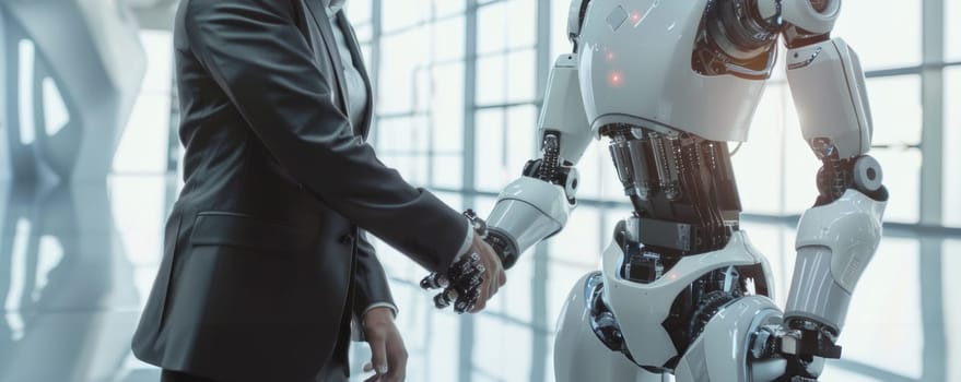 Businessman shaking hands with robot in futuristic office by AI generated image.