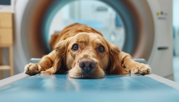 A dog awaits an MRI in a modern veterinary clinic. by AI generated image.