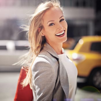 Designer, portrait and smile with city, walk and commute for work or career. Woman, job and new york street with urban, summer and happiness with confident and creative business travel in downtown.