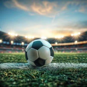 Soccer ball on the football field of the stadium by AI generated image.